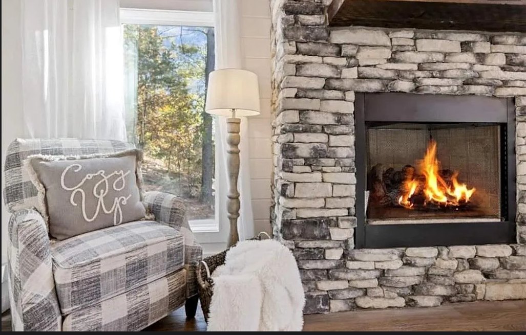 Indoor stone fireplace